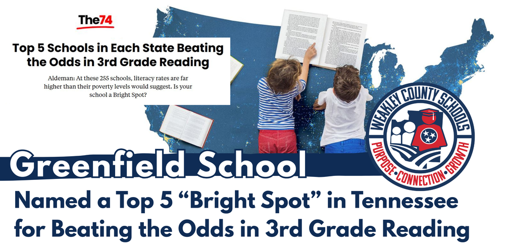 Graphic announcing Greenfield School named a Top 5 Bright Spot in Tennessee for beating the odds in 3rd grade reading. The image features two children reading books while standing on a map of the United States, with a headline referencing national recognition from The 74 and the Weakley County Schools logo displayed.