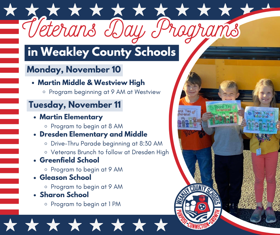graphic sharing the dates, times, and locations for veterans day programs