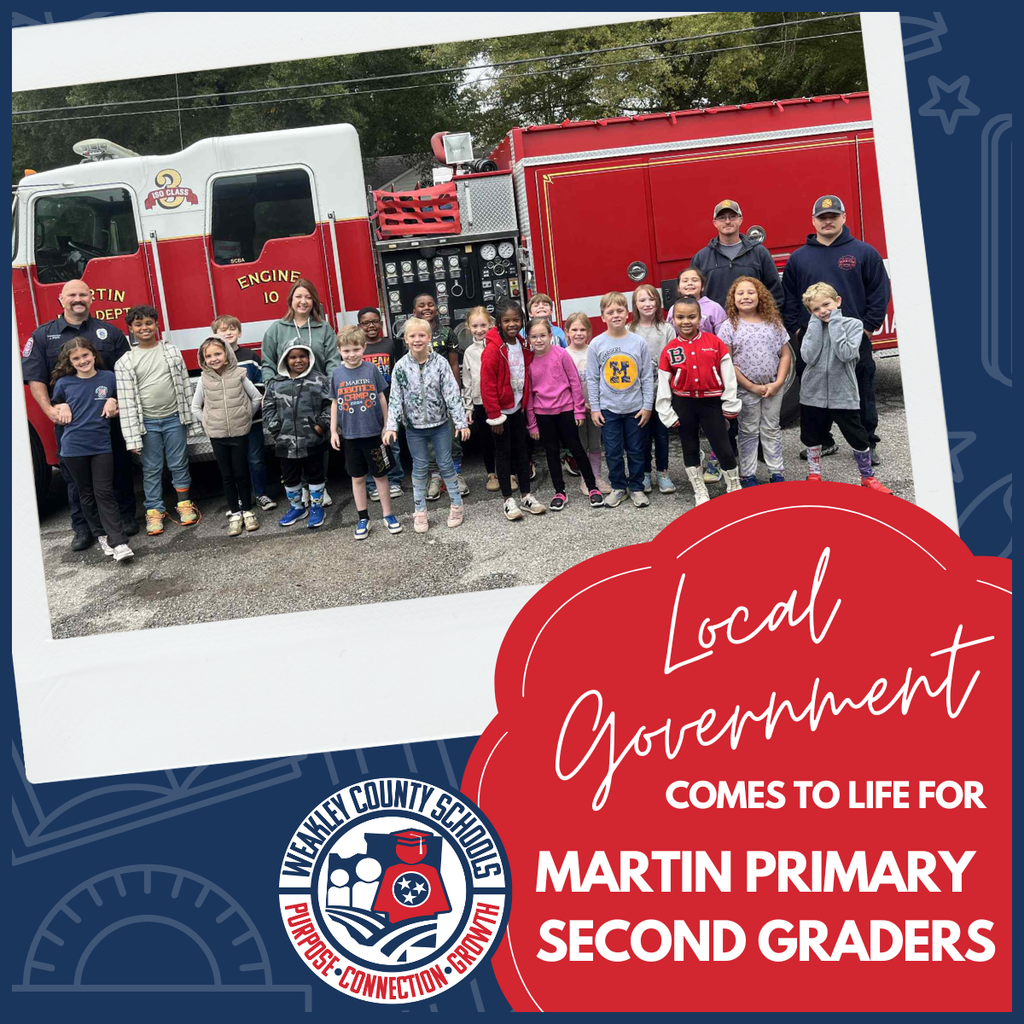 Graphic - mps students in front of fire truck and the words: local government comes ot life for martin primary second graders