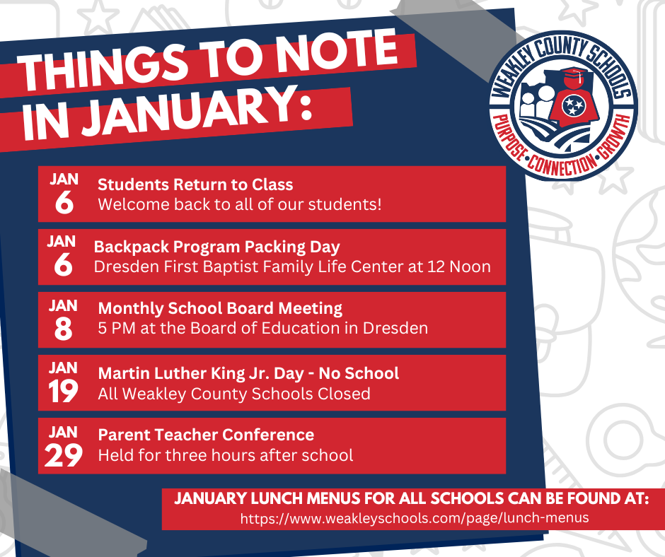 graphic for what is happening in january - all dates listed in caption