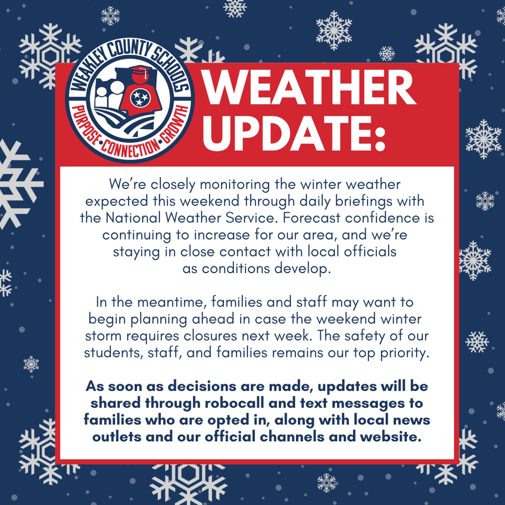Graphic titled “Weather Update” from Weakley County Schools, featuring the district logo and snowflake background. Text explains that the district is closely monitoring winter weather expected this weekend through daily briefings with the National Weather Service, with forecast confidence increasing and ongoing communication with local officials. Families and staff are encouraged to plan ahead in case the storm results in closures next week, with student, staff, and family safety noted as the top priority. The graphic states that updates will be shared through robocalls and text messages to opted-in families, local news outlets, and official district channels and website.