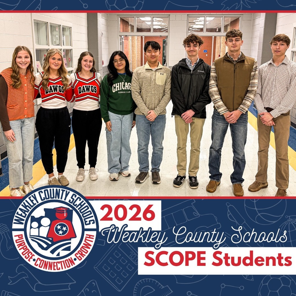 A group photo of the 2026 Weakley County Schools SCOPE students standing in a school hallway. Students from Gleason, Greenfield, Dresden, and Westview High Schools stand side by side, smiling at the camera. A graphic banner at the bottom reads “2026 Weakley County Schools SCOPE Students” with the district logo.