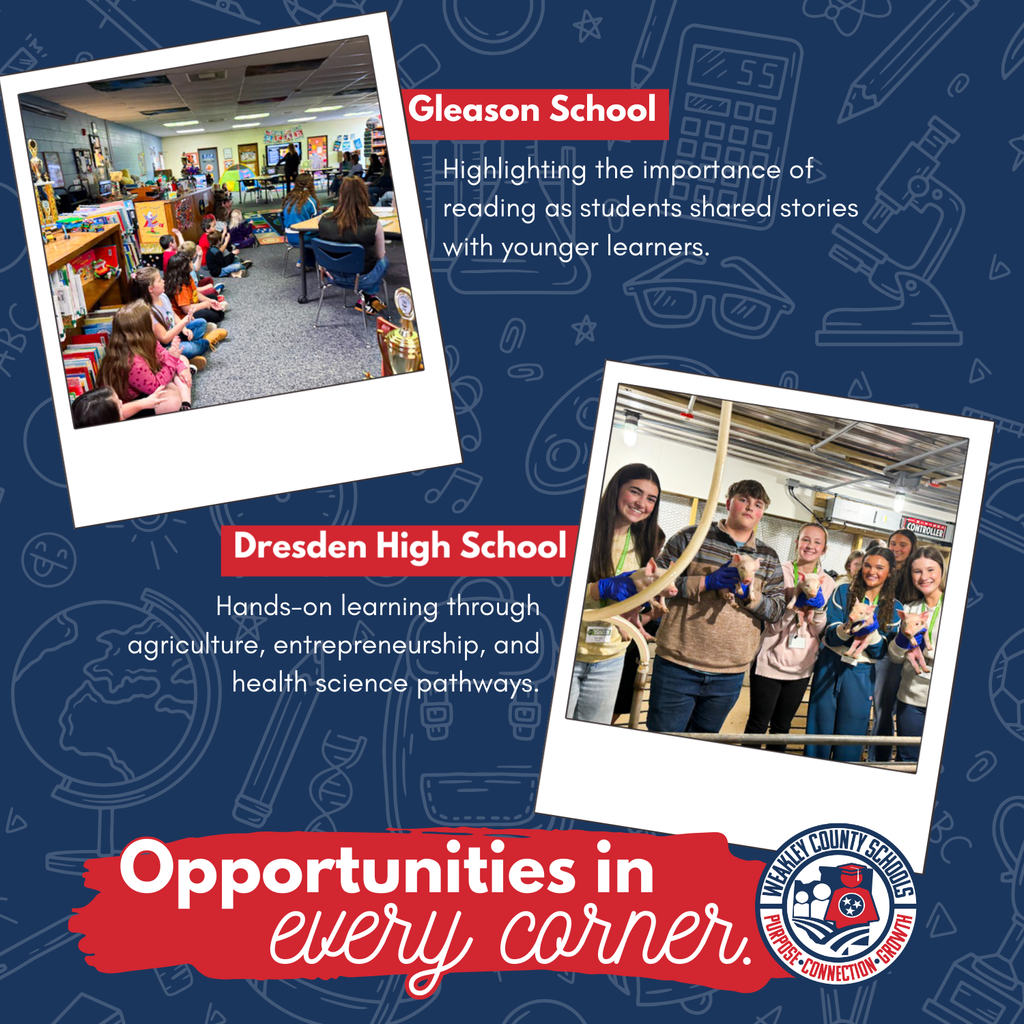 Slide highlighting Gleason School and Dresden High School. Photos show students reading to younger learners in a classroom and participating in hands-on agriculture and health science activities, including holding piglets. Text emphasizes reading importance and hands-on career pathways.