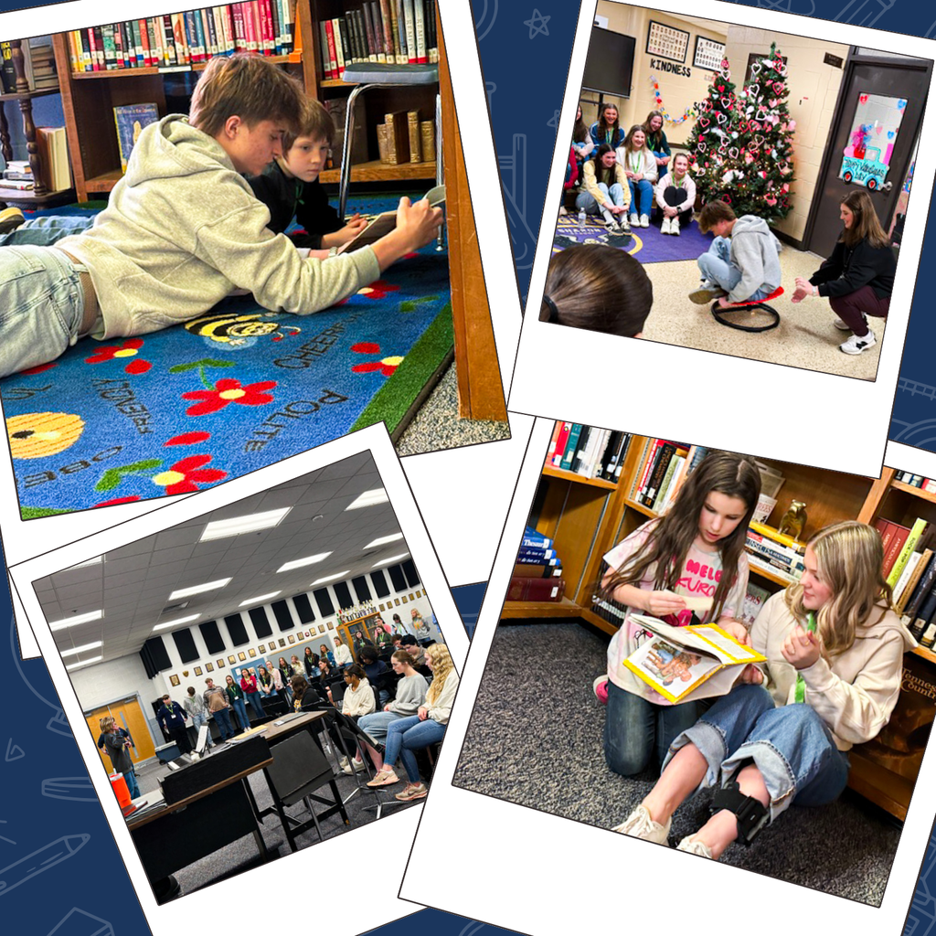 Collage of students engaged in learning activities, including reading with elementary students, participating in group discussions, observing classroom instruction, and interacting in library and classroom settings.