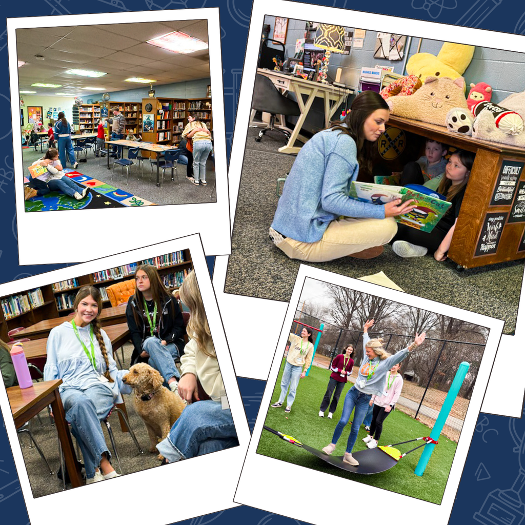 Collage of students engaged in learning activities, including reading with elementary students, participating in group discussions, observing classroom instruction, and interacting in library and classroom settings.