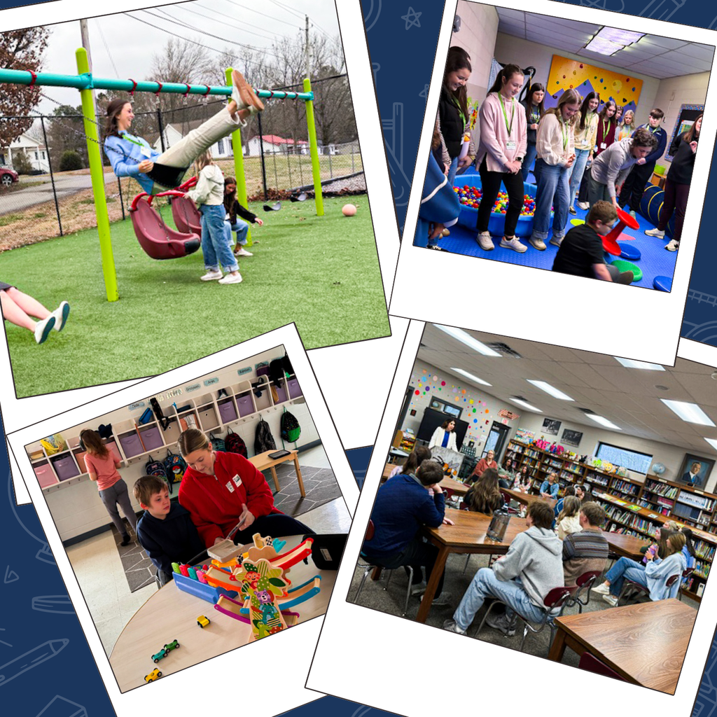 Collage of students touring playground equipment, observing therapy and sensory spaces, interacting in classroom settings, and participating in small-group discussions about education careers and school support roles.
