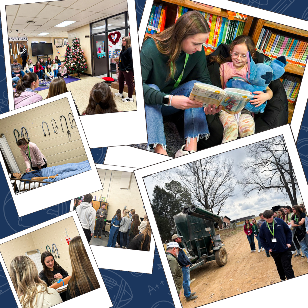 Collage of Youth Leadership students participating in hands-on learning experiences across Weakley County Schools. Images include students observing a classroom discussion, reading one-on-one with an elementary student in a library, practicing health science skills with medical equipment, touring a classroom space, participating in small-group demonstrations, and visiting a local agriculture site to learn about farming operations.