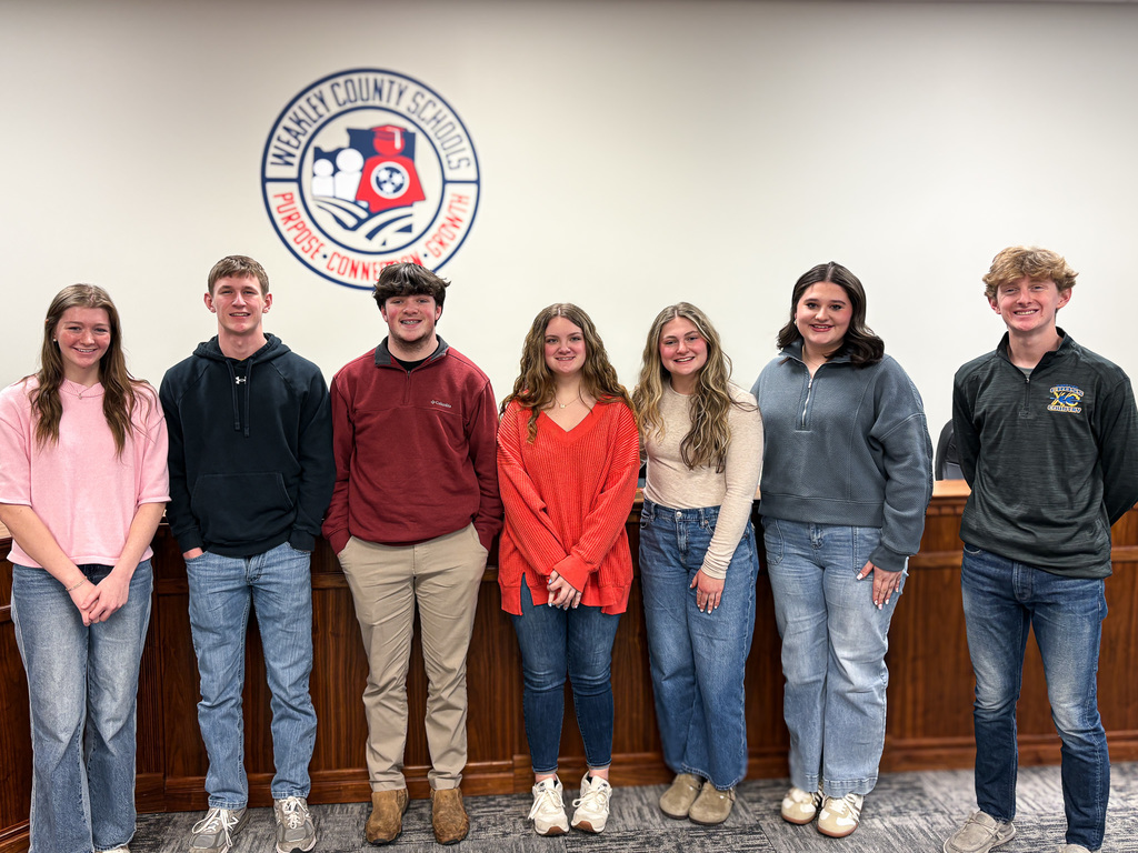 A group of eight high school students stand side by side in front of a wall with the Weakley County Schools logo. They are dressed casually in jeans, sweaters, and pullovers, smiling at the camera inside a boardroom setting. The students represent different schools and are part of the district’s Student Advisory Board.