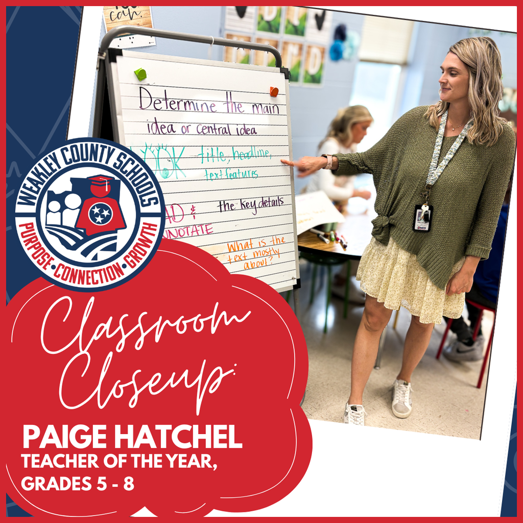 Teacher Paige Hatchel stands beside a chart about determining the main idea while teaching in her classroom, with a graphic overlay reading “Classroom Closeup: Paige Hatchel, Teacher of the Year, Grades 5–8” and the Weakley County Schools logo.