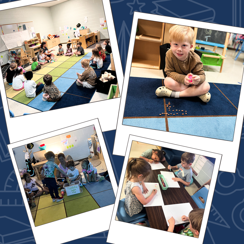 Four photos show young children in classroom settings. One photo shows children sitting on the floor. Another shows a child sitting on a carpeted floor, holding a toy.