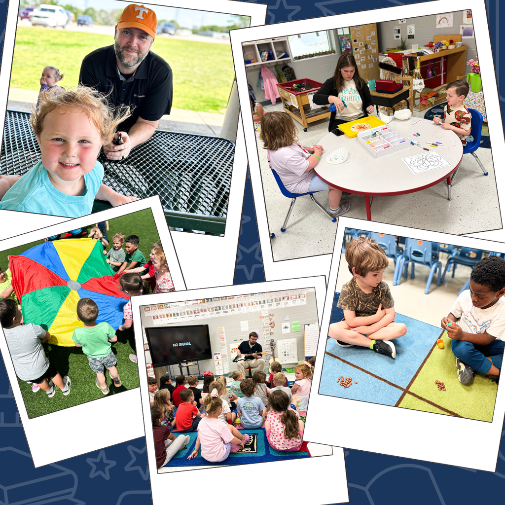 Collage of images showing various activities in a classroom: children playing with a parachute, others sitting in chairs, a teacher, and a group listening.