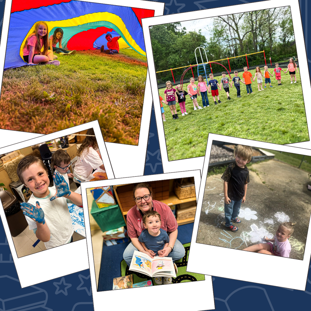 A collage of six photos showing children and adults in play areas, classrooms, and outdoors, each in white-bordered frames on a blue background.