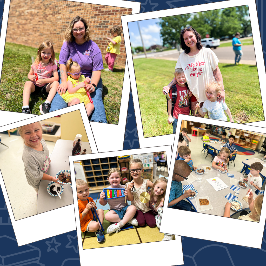 Multiple photos of adults and children in a grassy area and classroom. Background shows a road and building.