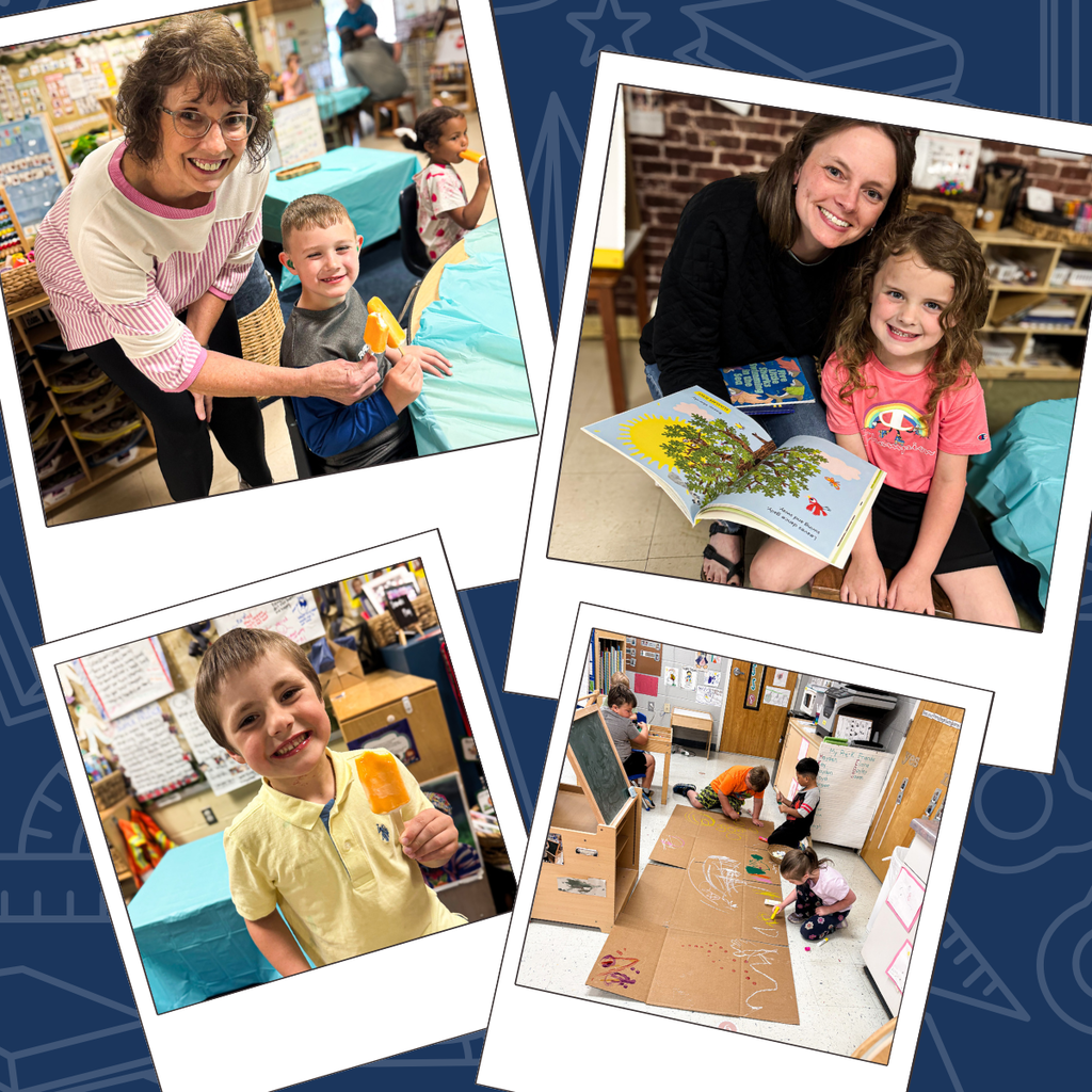 Four photos of young children in a classroom with adults, one reading a book, one smiling, one holding an ice pop.