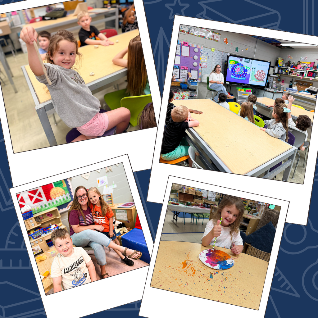 Four collage images of children in a classroom. A girl waves, a girl paints, a boy sits with a woman.