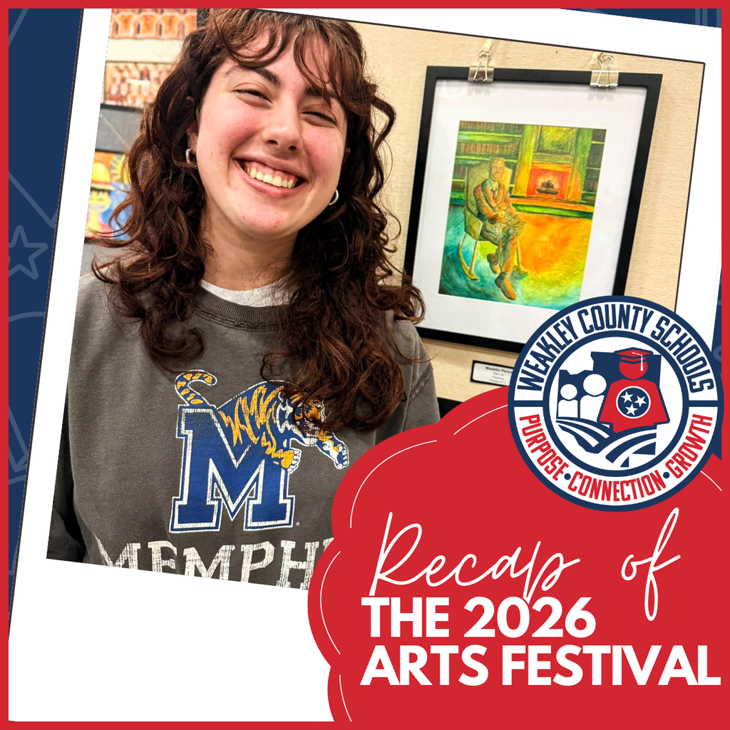 Smiling student standing beside framed artwork during the 2026 Weakley County Schools Arts Festival recap graphic.
