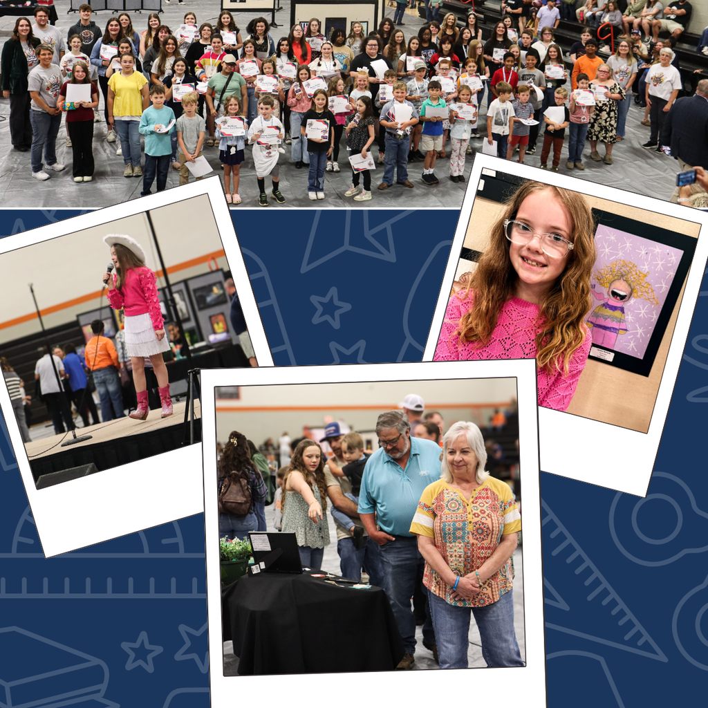 Collage of Arts Festival scenes featuring student award winners, a young performer on stage, families viewing exhibits, and a large group photo of participating students.