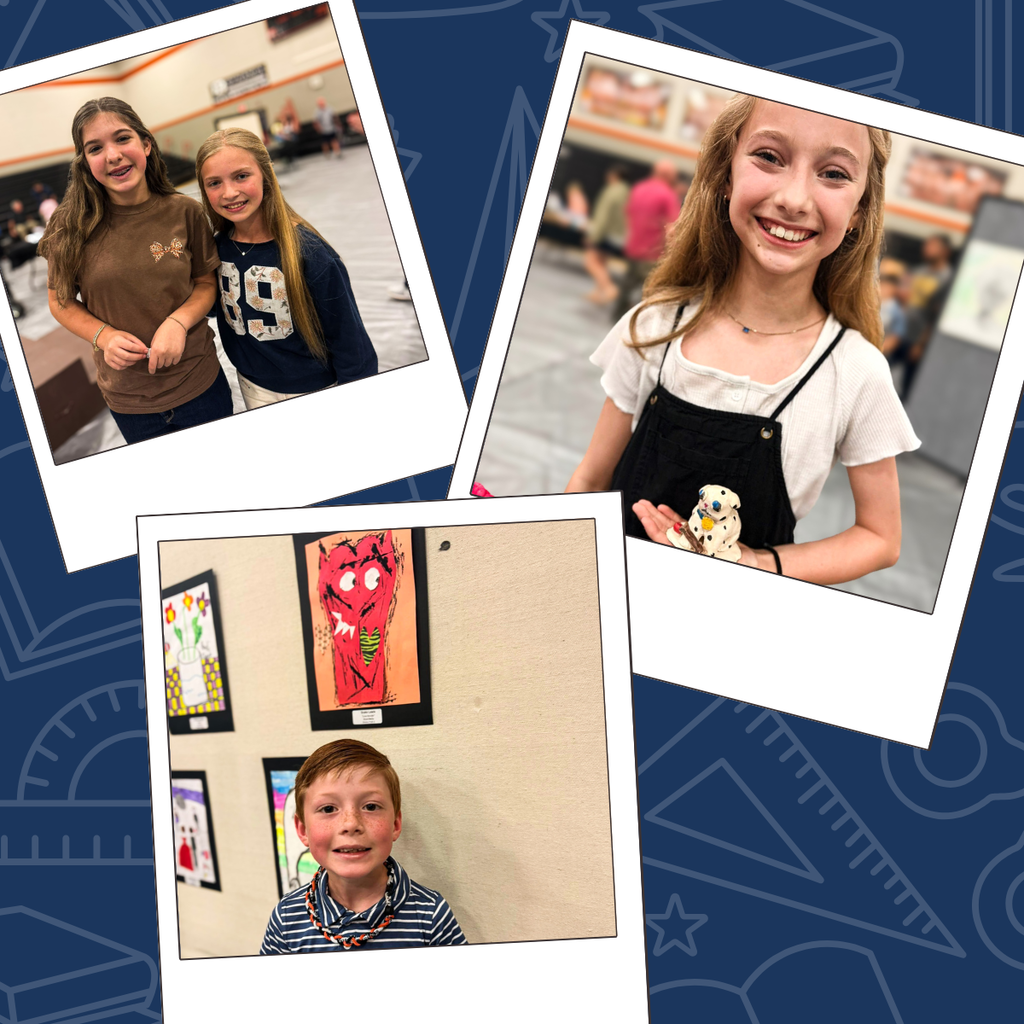 Collage featuring smiling students attending the Arts Festival, including two girls posing together, a student holding ceramic artwork, and a young artist standing beside displayed artwork.