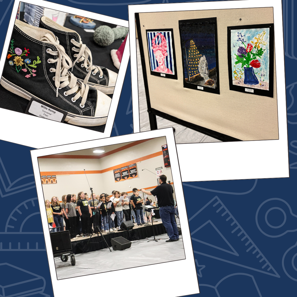 Collage featuring student creativity and performances, including decorated shoes entered as artwork, framed student art pieces on display, and a student choir performing on stage.