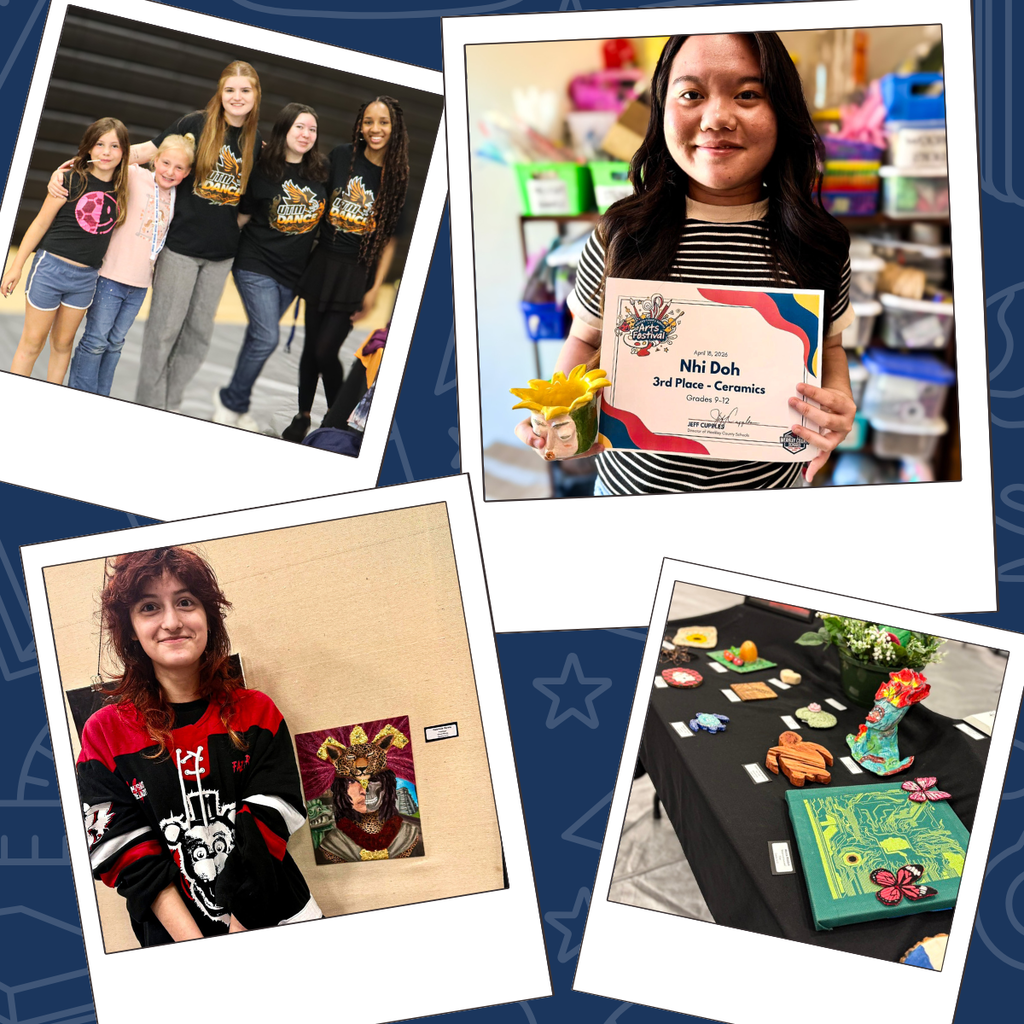 Collage of Arts Festival highlights featuring students with awards, student artwork displays, and participants posing for photos during the event.