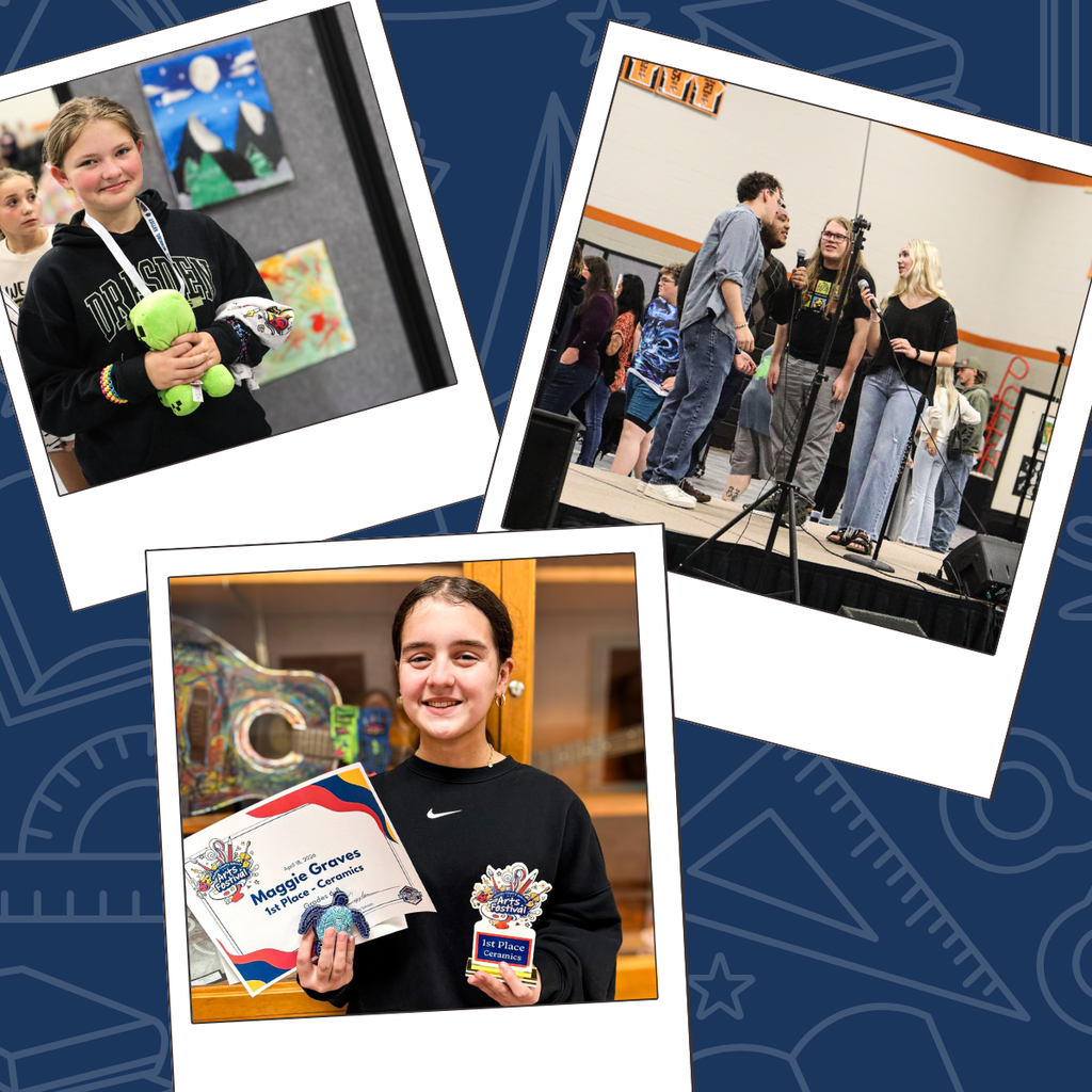 Collage featuring student artists and performers, including an award-winning ceramics student holding her certificate and trophy, a student singer group on stage, and students posing beside artwork.