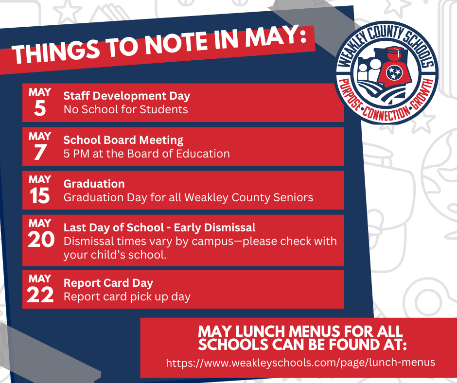 An event calendar for May features dates, titles, and descriptions of activities like a school board meeting and graduation.