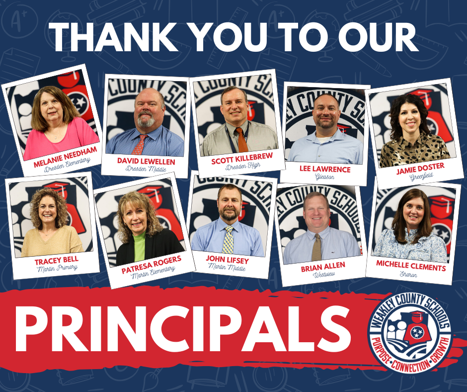 Collage of photos featuring principals. Text reads "Thank you to our principals". Background is blue with red and white accents.