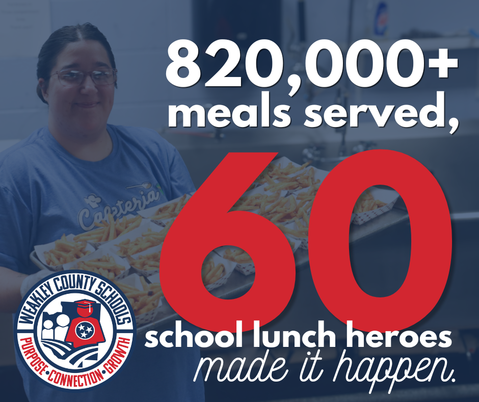 A person holds trays of French fries in a commercial kitchen. Text reads: "60 school lunch heroes made it happen."