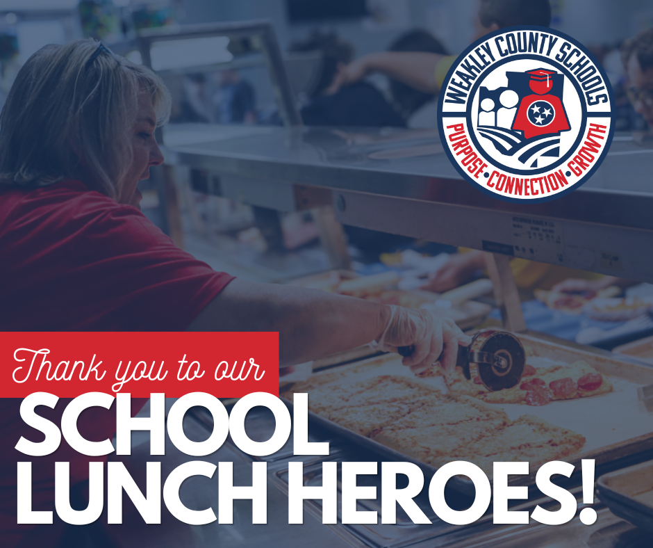 An adult cuts pizza on a tray in a school cafeteria. A red banner reads "Thank you to our SCHOOL LUNCH HEROES!"