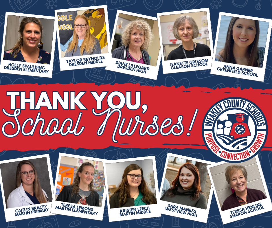 Collage of school nurses with names and schools below, set against blue and red. "Thank you, School Nurses!" in bold white text.