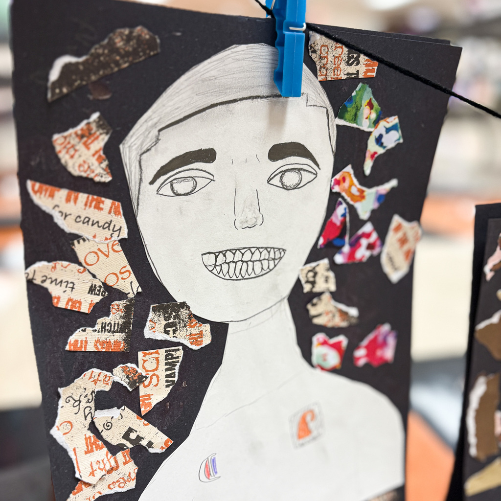 Drawing of a person's face and upper torso with a collage of paper around it, displayed on a black background.