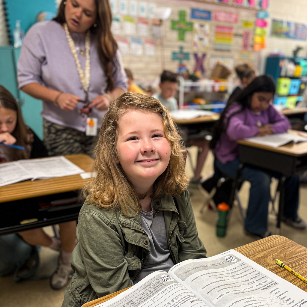Girl with blond curls smiling, sitting at desk with books. A woman stands behind her. Other students in classroom.