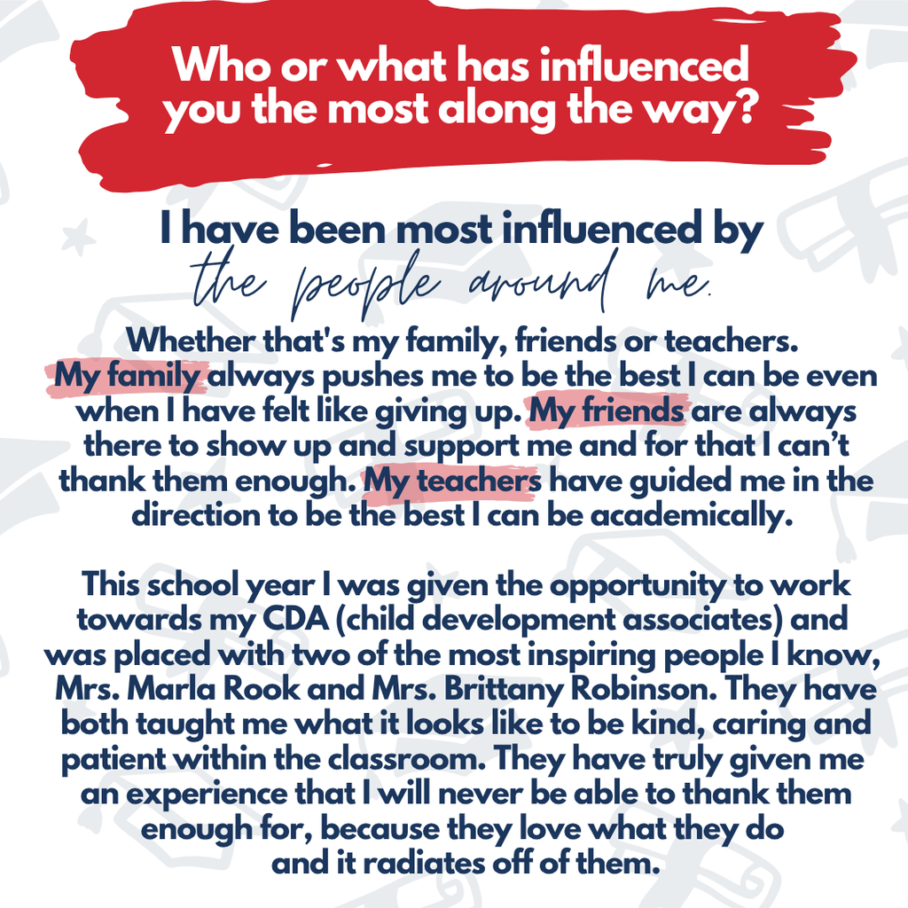 Red and white graphic with black text. It asks who or what has influenced someone the most.