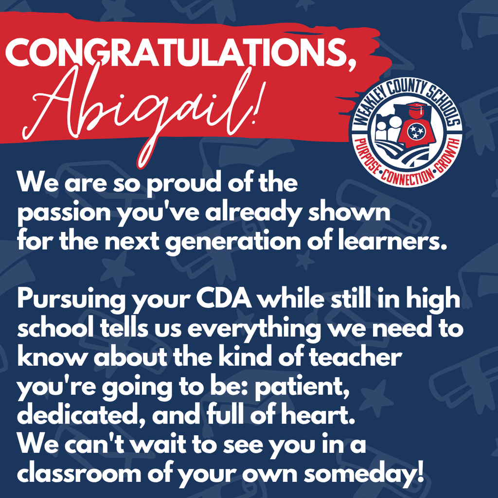 A blue background with a white outline of a red telephone. Text reads, "Congratulations, Abigail!" with additional text praising dedication.
