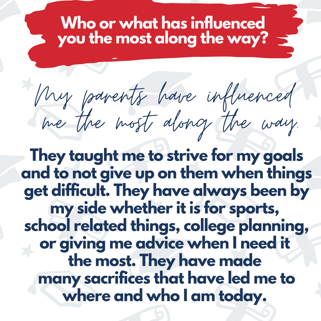 A text-based graphic asks about influential people or things, with a personal answer stating parents have been most influential.