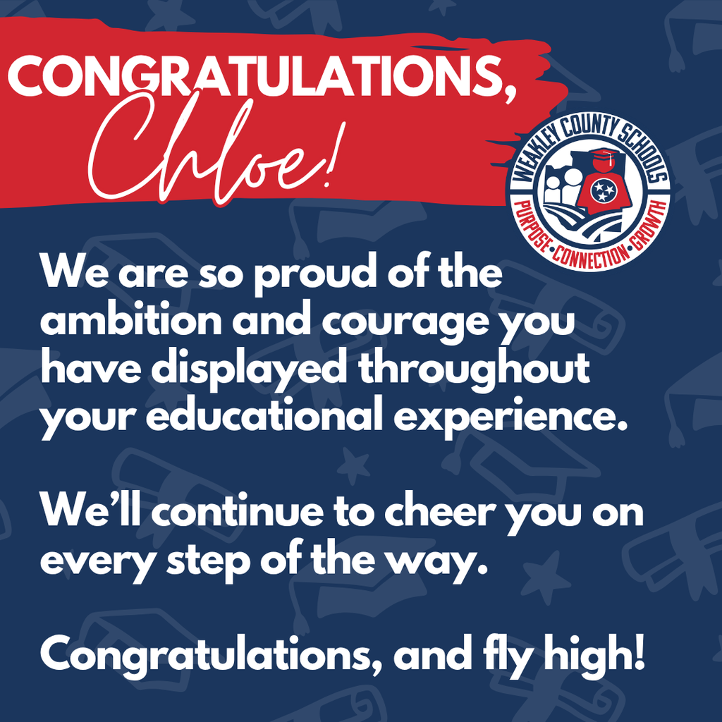 Blue and red background with white text. It reads "Congratulations, Chloe!" and continues with a motivational message.