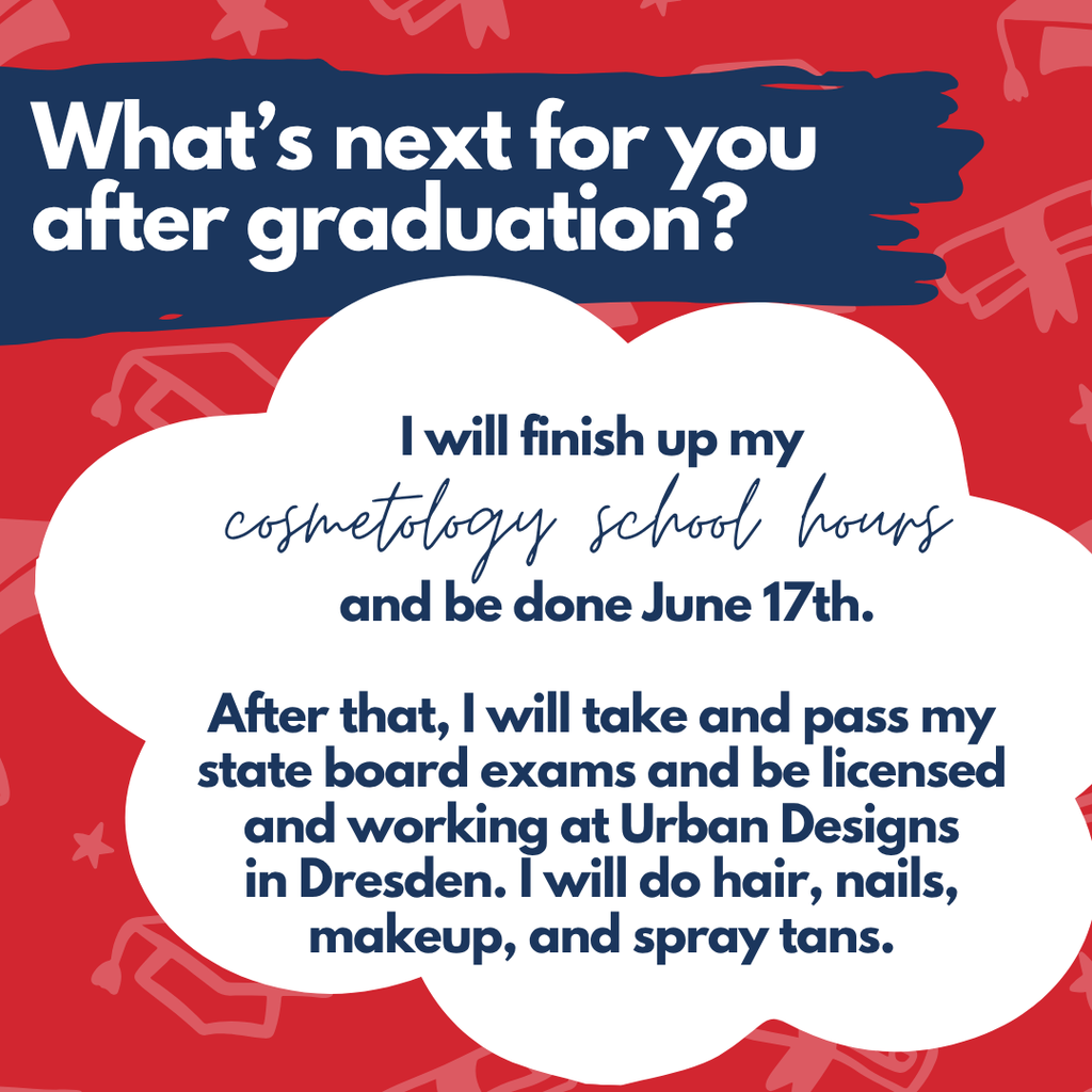 A red and white graphic with a cloud-shaped speech bubble containing text on completing cosmetology school.