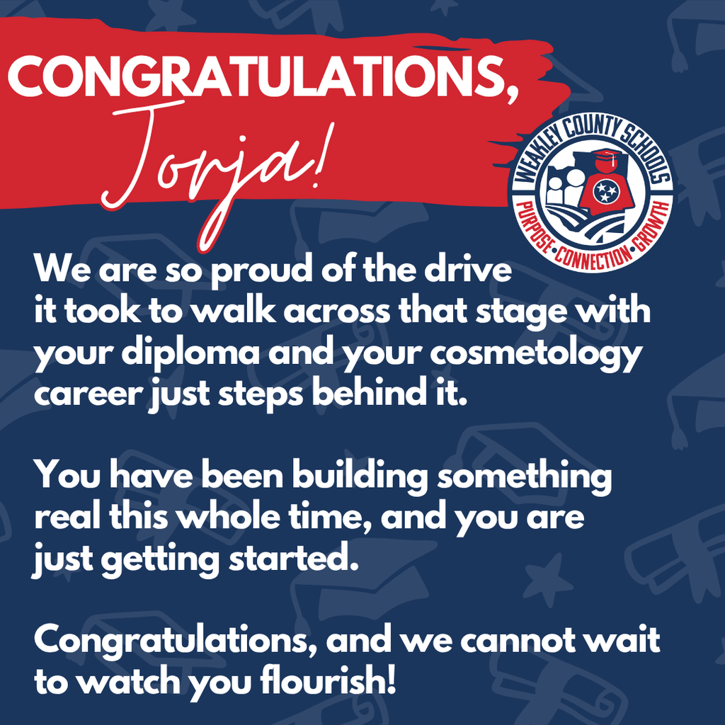 A blue and red poster congratulates Jordi on their diploma. The poster has text and a school logo.
