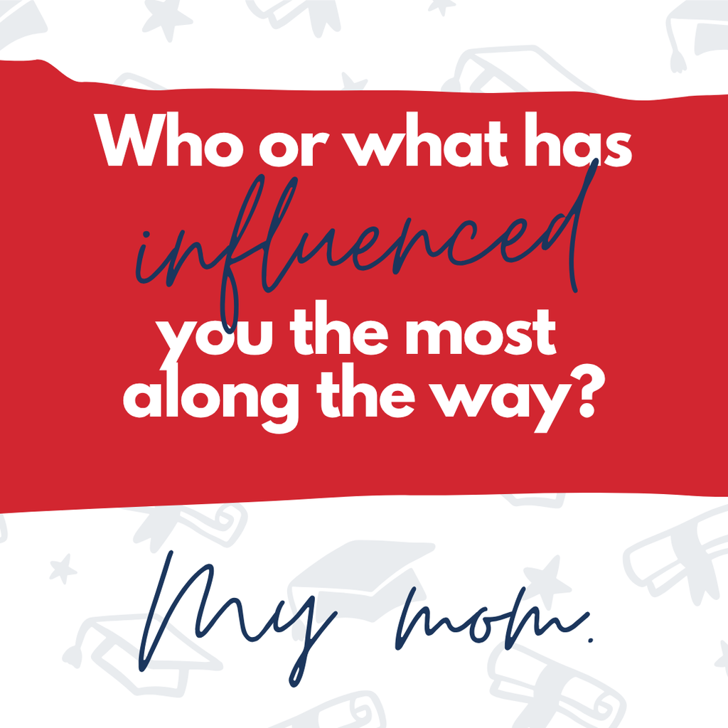 A text-based graphic with a red background asks a question about influences, followed by an answer signature.