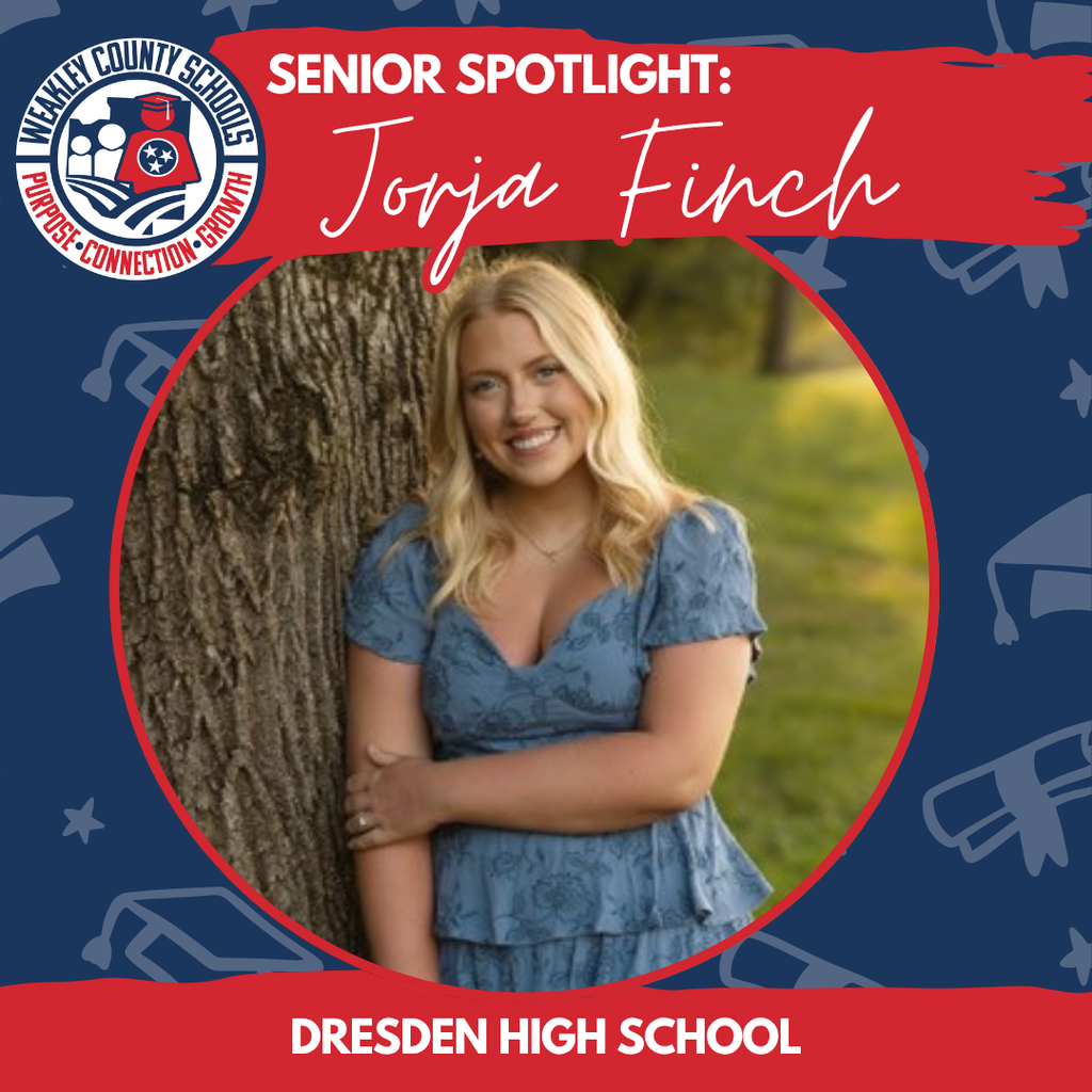 A smiling woman with blonde hair stands beside a tree. Text reads "Senior Spotlight: Joya Finch Dresden High School."