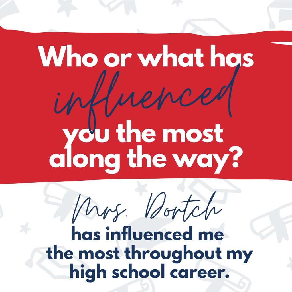 A red and white poster with text asking who or what has influenced someone. It includes a handwritten response stating "Mrs. Bortch has influenced me."