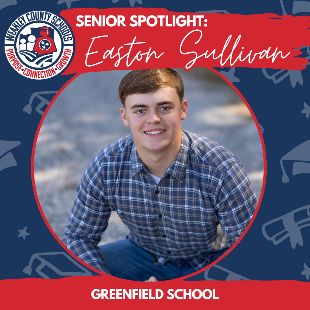 A young man sits with a smile on a rocky surface. Text reads "Senior Spotlight: Easton Sullivan" above him.