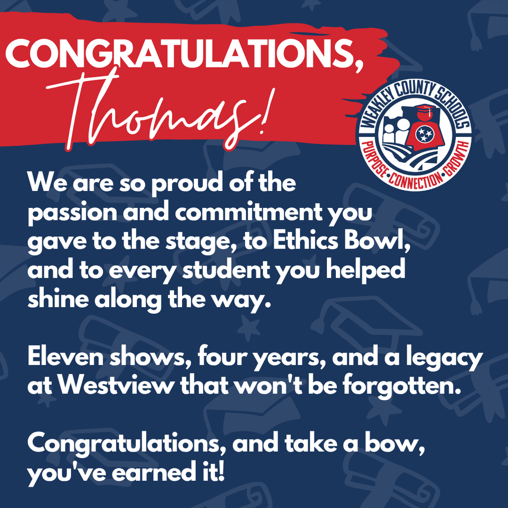 Blue background with white text. It reads "Congratulations, Thomas!" and highlights achievements in theatre.