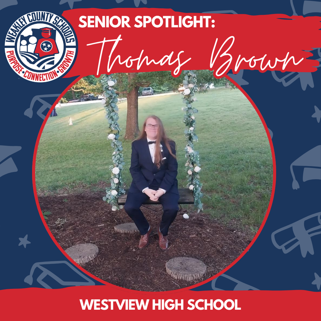 Person in suit sitting on a swing. "Senior Spotlight: Thomas Brown" text and "Westview High School" text on banner.