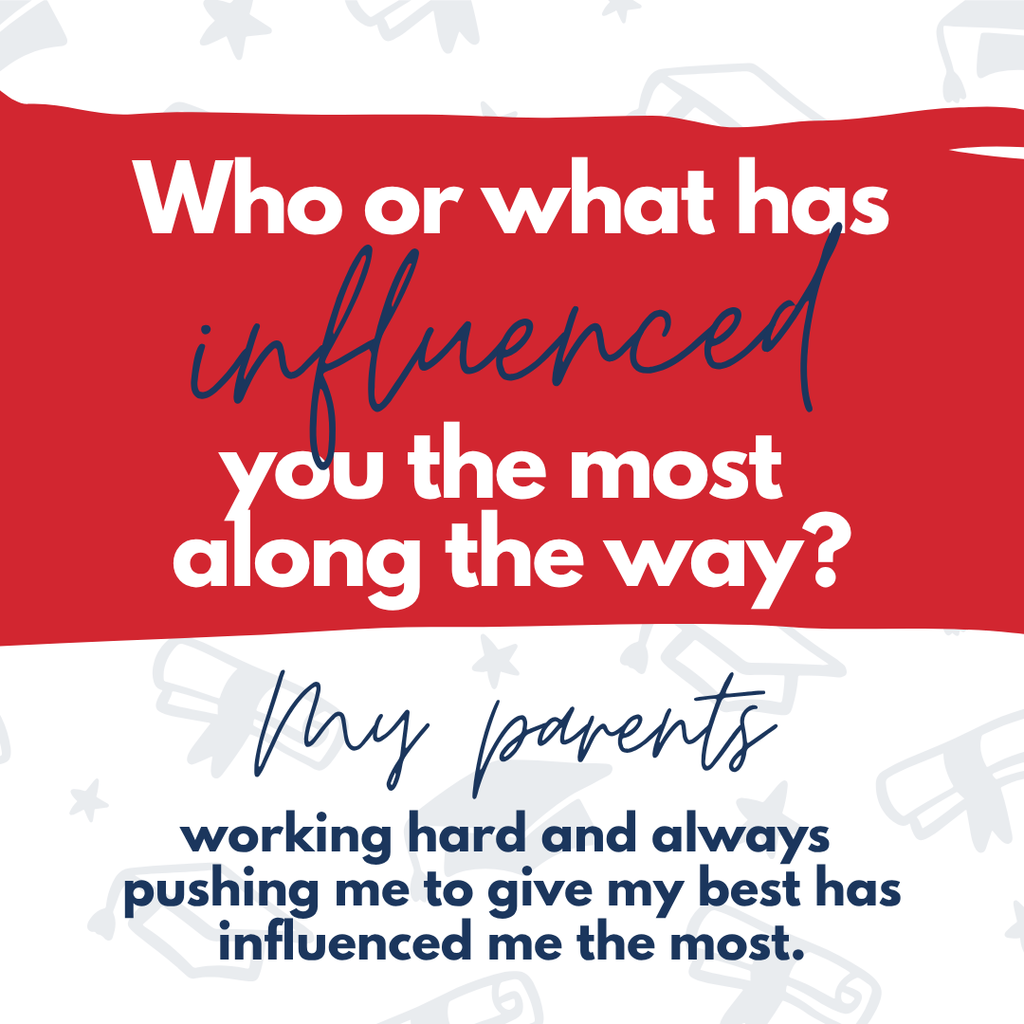 Text on a red and white background asks "Who or what has influenced you the most along the way?"