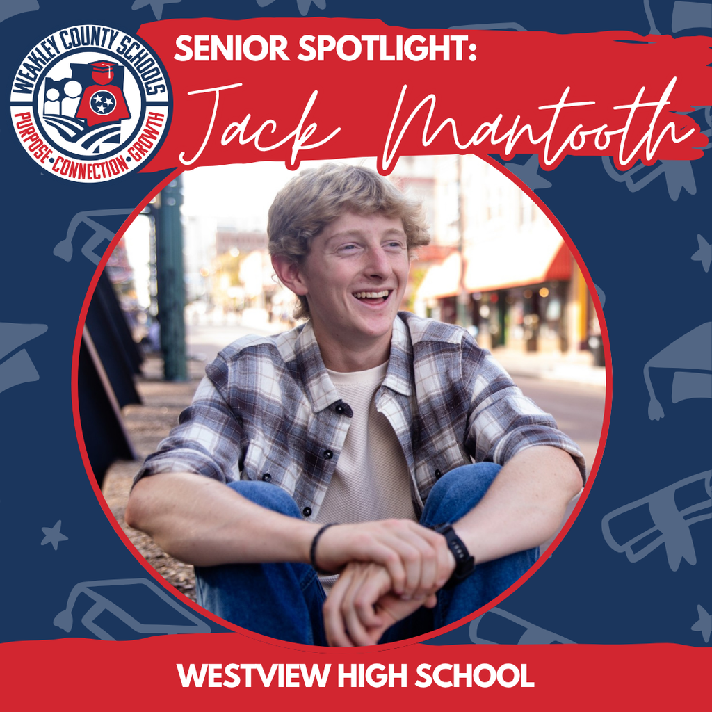 Person in a plaid shirt and jeans smiles at the camera, sitting outdoors. The title reads "Senior Spotlight: Jack Mantooth".