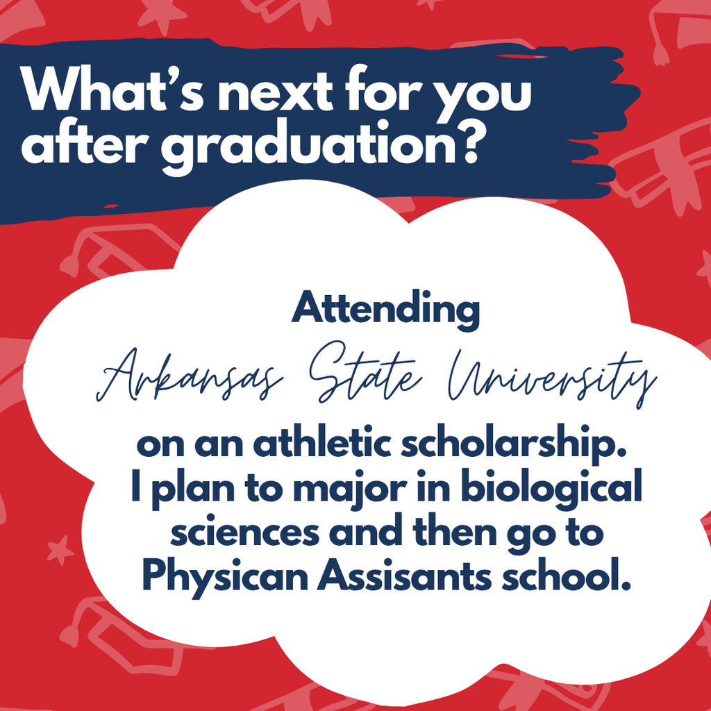 A white cloud on a red background shows a speech bubble with a text about attending Arkansas State University.