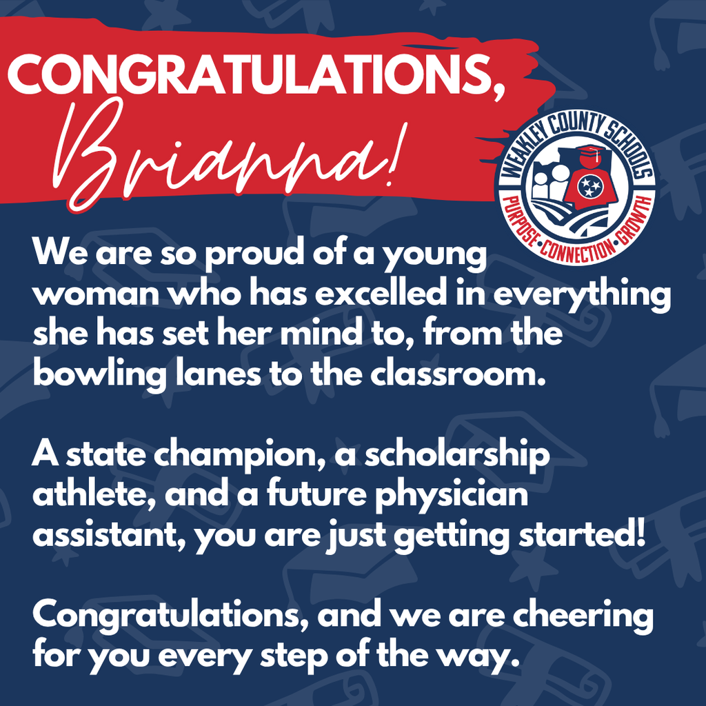 Blue background with red border. Text reads "Congratulations, Brianna!" Achievement highlights include state champion, scholarship athlete, and future physician assistant.