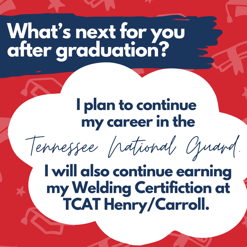 A red and blue background displays a white speech bubble. Inside it, text reads about career plans after graduation.