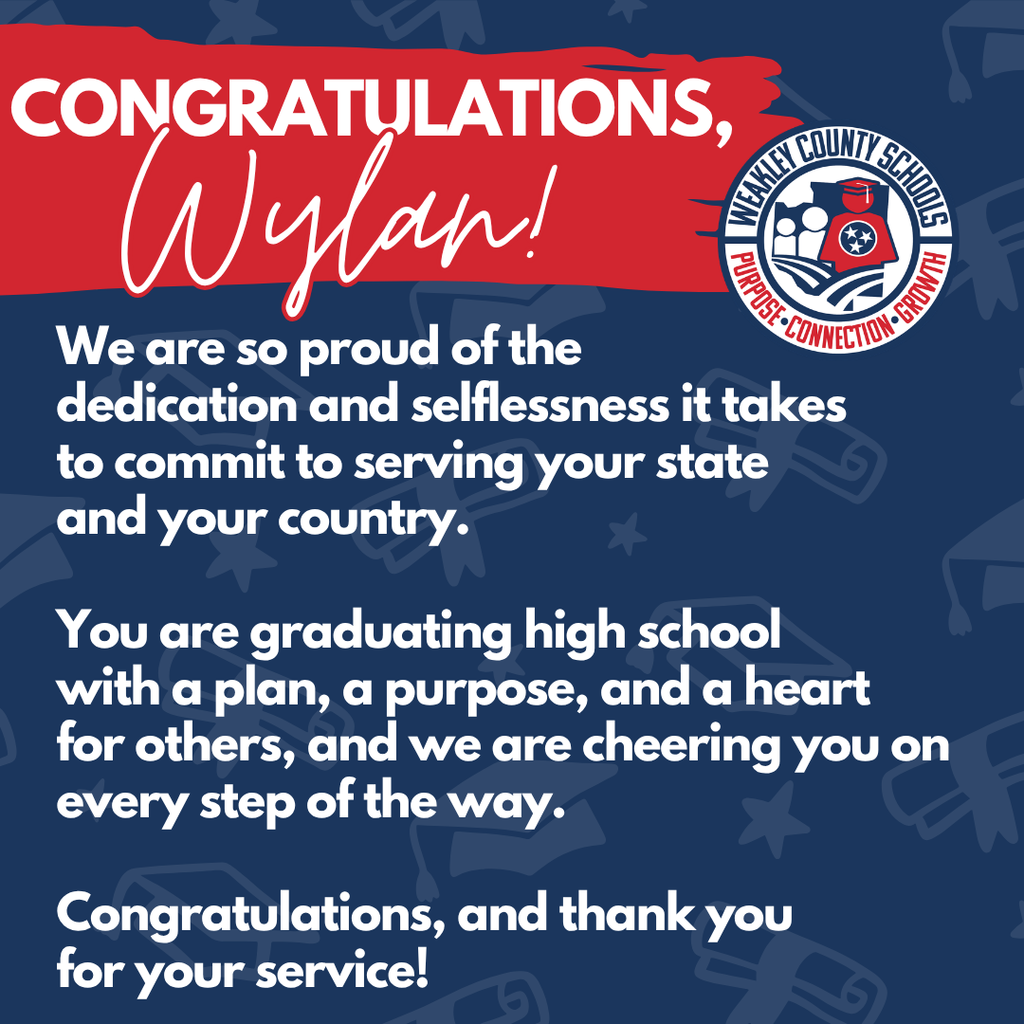A blue background with red accents displays a graduation congratulations message. "Congratulations, Wylan!" is written in red.
